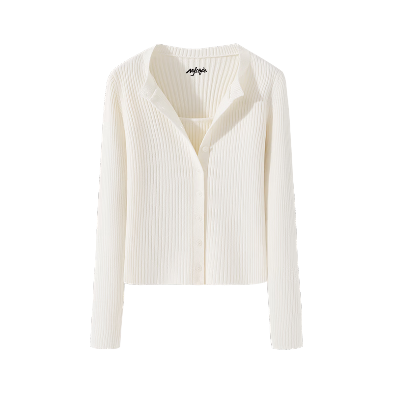 MJ STYLE Faux Two-Piece Lace Knit Sweater Women 2026 Autumn Winter New Slim Waist Petite Short Cardigan Jacket Top