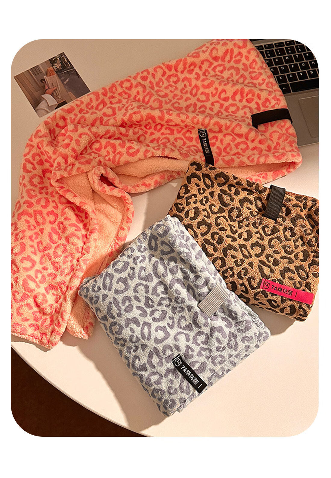 Fan Ye Leopard Print Coral Fleece Thickened Super Absorbent Hair Drying Towel Wrap Bath Cap for Women Adults Students 6