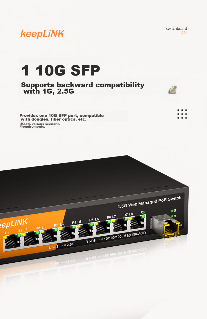 KeepLINK KP-9000 Gigabit Switch, 8 Ports 2.5G + 2 Ports 10G Electrical + 4 Ports 10G Optical, Layer 3 Management, Supports IPV4 Dynamic Routing, Per Unit 2