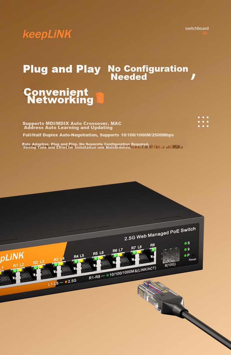 KeepLINK KP-9000 Gigabit Switch, 8 Ports 2.5G + 2 Ports 10G Electrical + 4 Ports 10G Optical, Layer 3 Management, Supports IPV4 Dynamic Routing, Per Unit 6