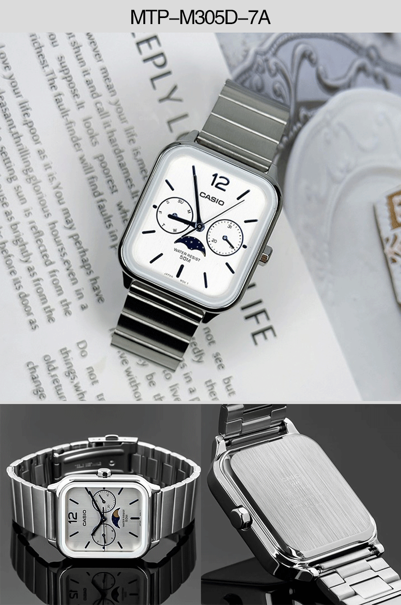 CASIO Watch Men Women Moon Phase Small Square Business Student Couple Gift MTP-M305D-7A 8