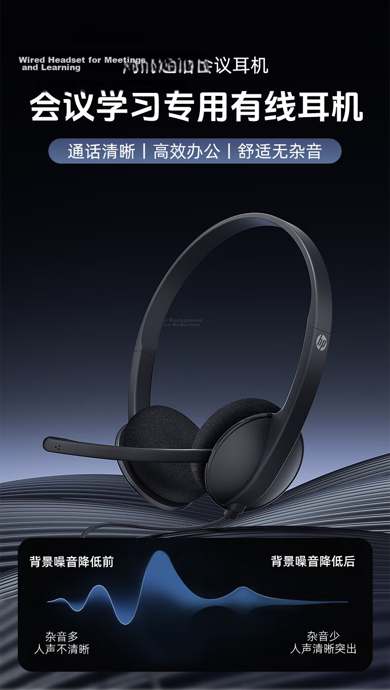 HP MeetingN Wired Headset Over-Ear Headphones HD Noise Cancelling Microphone Customer Service Computer Office Online Classes Black 1