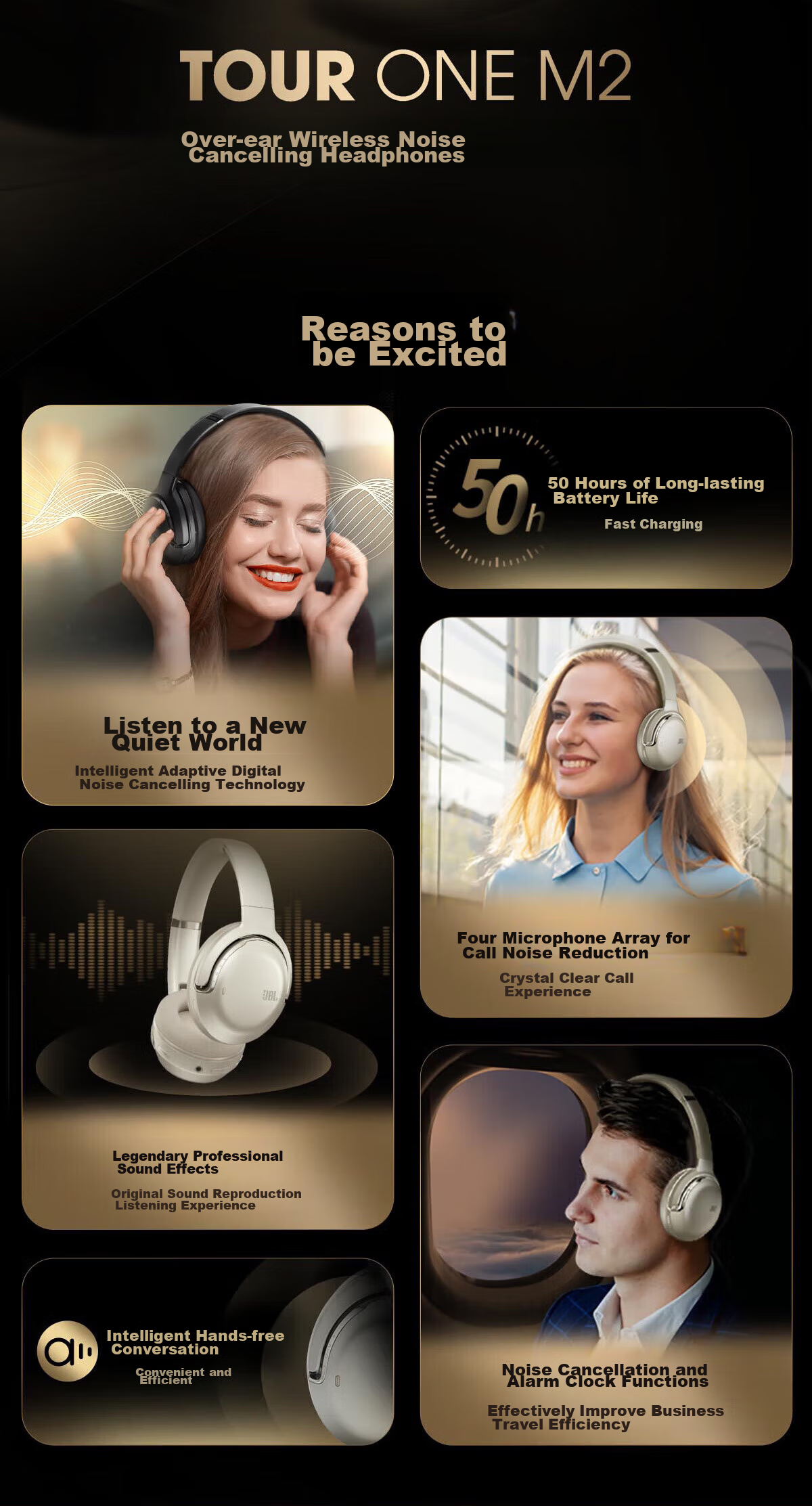 JBL TOUR ONE M2 Wireless Bluetooth Headphones, Long Battery Life, Active Noise Cancellation, Hi-Res Certified, Music Earphones, High-End Travel Commuter Headset, Champagne Gold 4