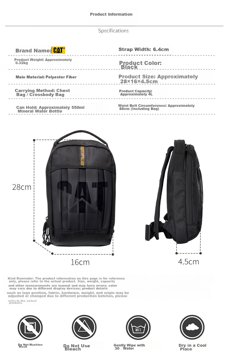 CAT Waist Bag Lightweight Chest Bag Outdoor Small Bag Sports Trendy Vertical Crossbody Shoulder Bag Multifunctional Black 84564 9