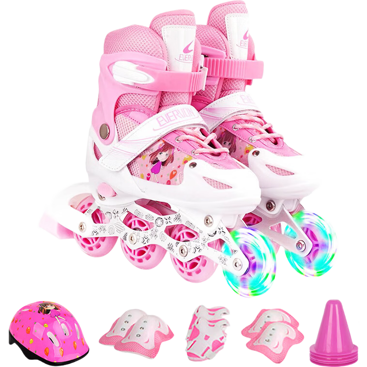 EVERVON Kids Beginner Roller Skates Unisex Inline Skates 337 Pink with Protective Gear and Helmet Size M for 35-38
