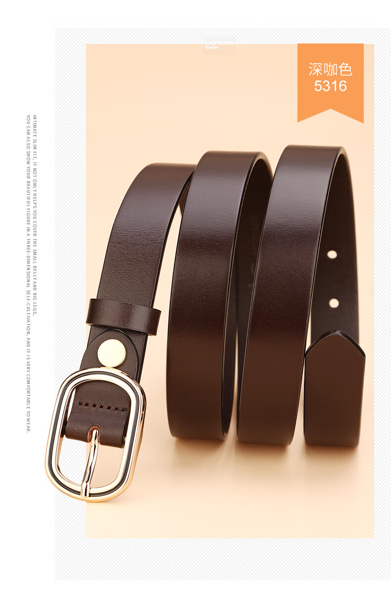 Cattlesboss Women's Belt, Top-Grain Leather, Round Buckle Decoration, Slim Waistband, Simple And Fashionable, Versatile, 5316, Black, 100cm 13