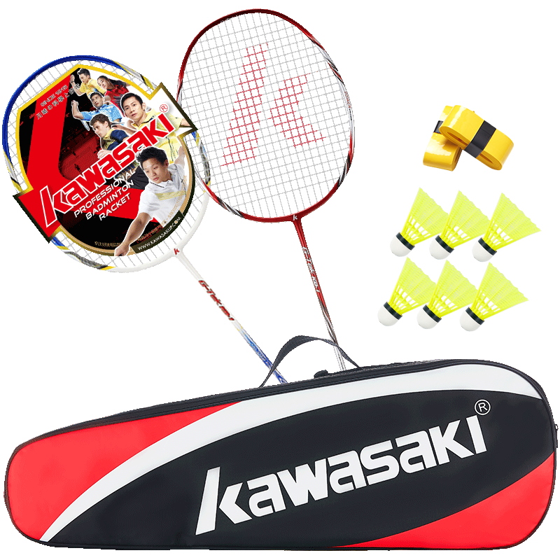 KAWASAKI Lightweight Carbon Shaft Badminton Racket KD-1 Blue Red (Pre-strung + 6 Shuttlecocks + Grip + Racket Bag)