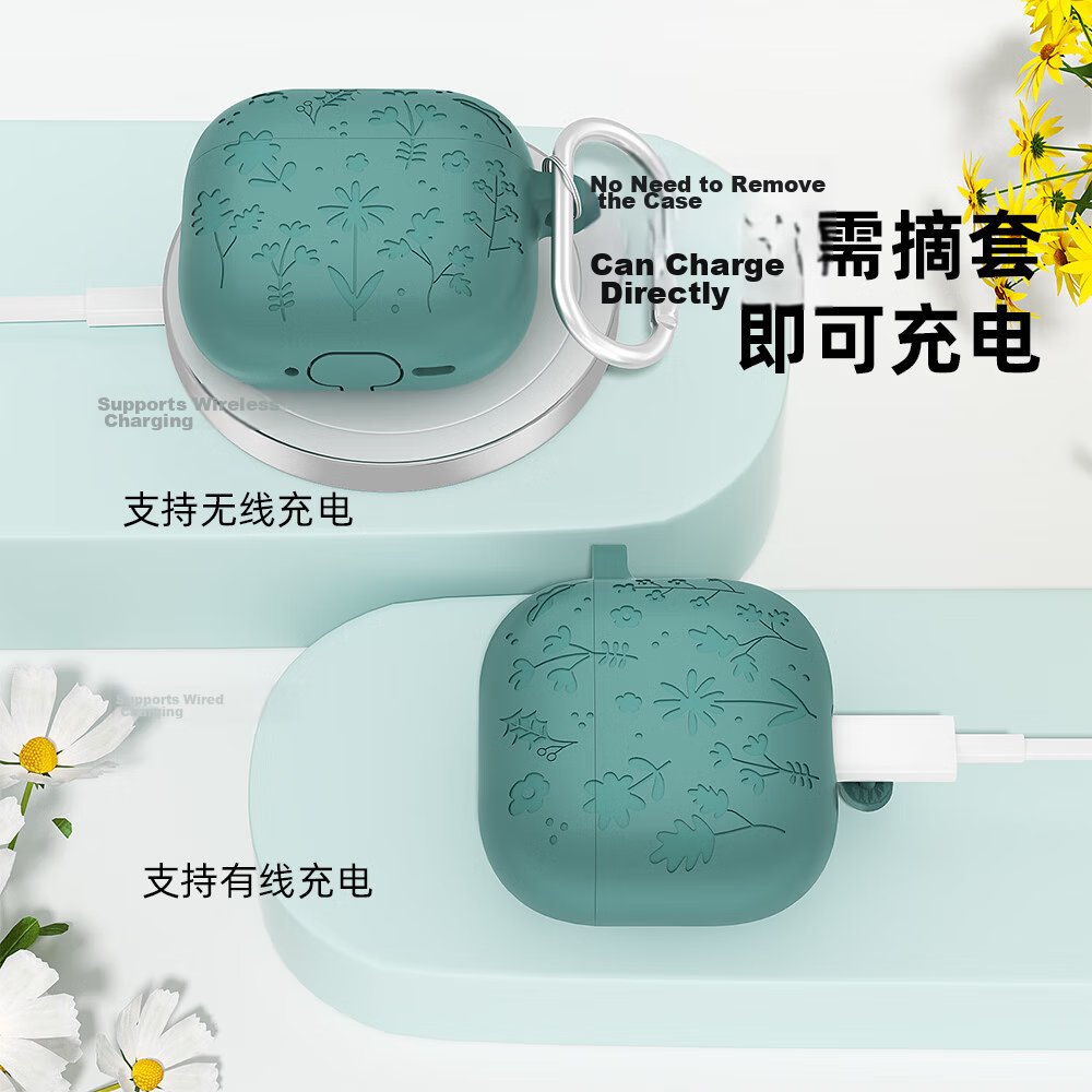 ESCASE AirPods 4 Protective Case for Apple 4th Gen 2024 Wireless Bluetooth Noise-Cancelling Earphones Shockproof Dustproof Silicone Case Floral Light Blue 2