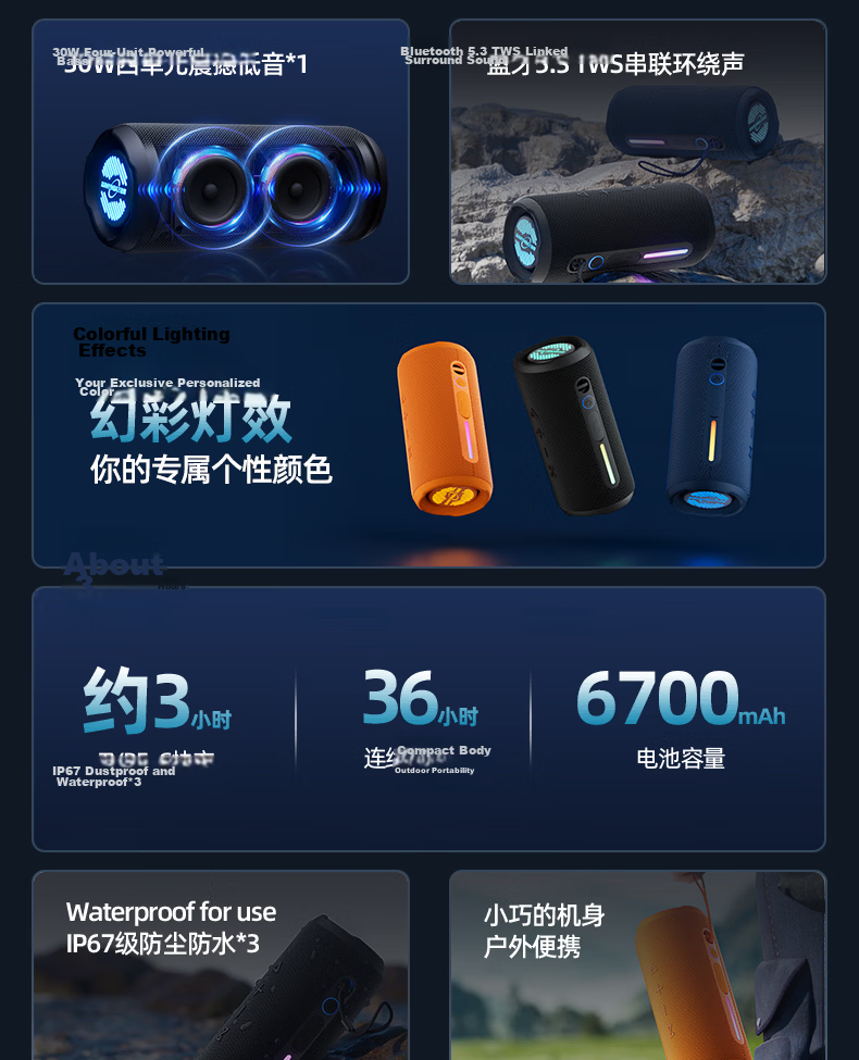 WANYINBA M6 Bluetooth Speaker, 30W Power, High Volume, Outdoor Portable Waterproof Small Speaker, Car-Mounted Cycling, High-Quality Sound, Ultra-Heavy Bass, Blue Flagship Versio 4