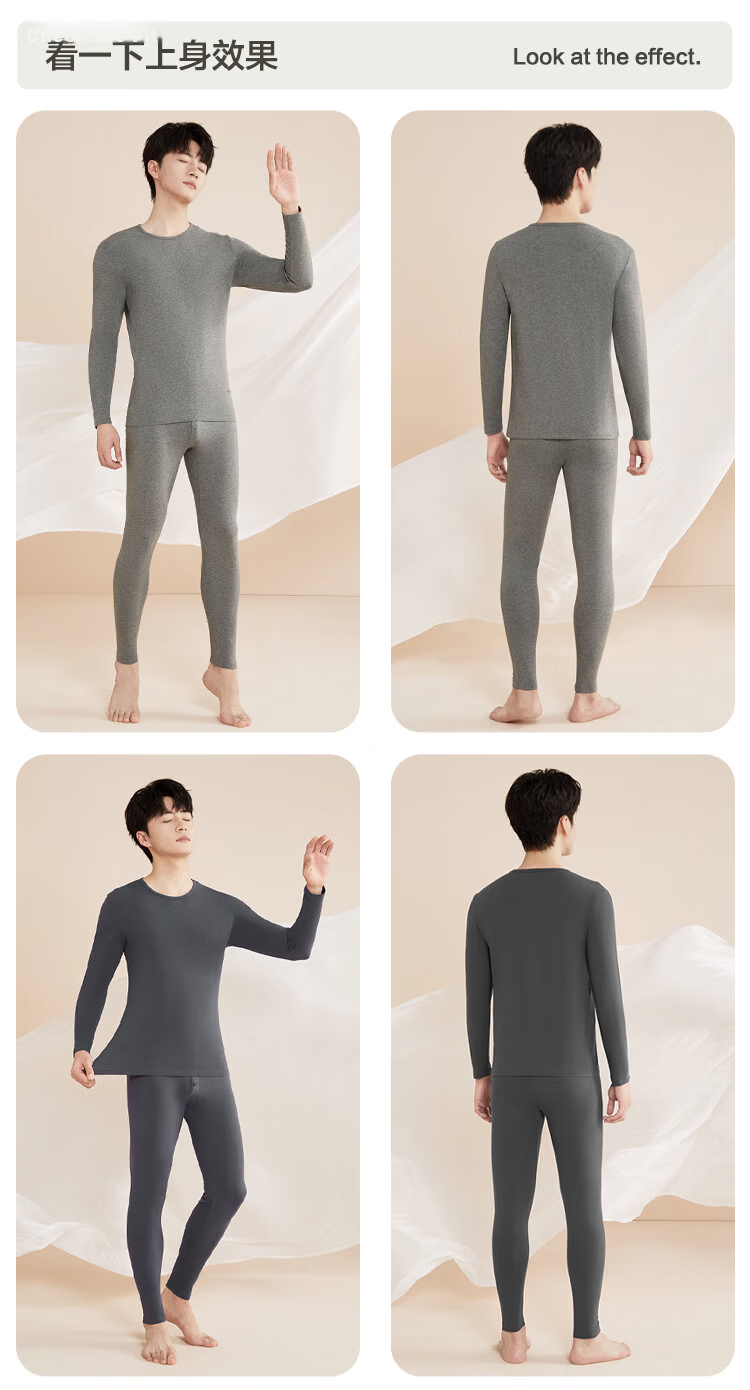 Hodo Men's Underwear, Autumn Thermal Underwear, Solid Color Cotton-Spandex Round Neck Thin Warm Underwear Set, 2 Pieces, Navy Blue, Size 185 14