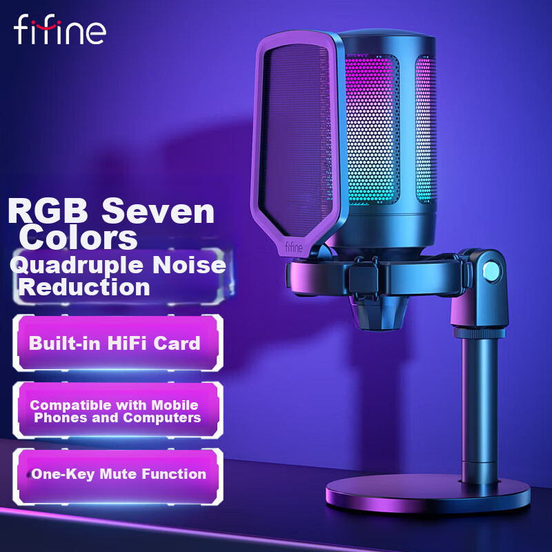 FIFINE A6 Pink USB Microphone RGB Noise-Cancelling Professional Desktop Recording Mic for Computer Laptop Gaming Streaming Video Phone