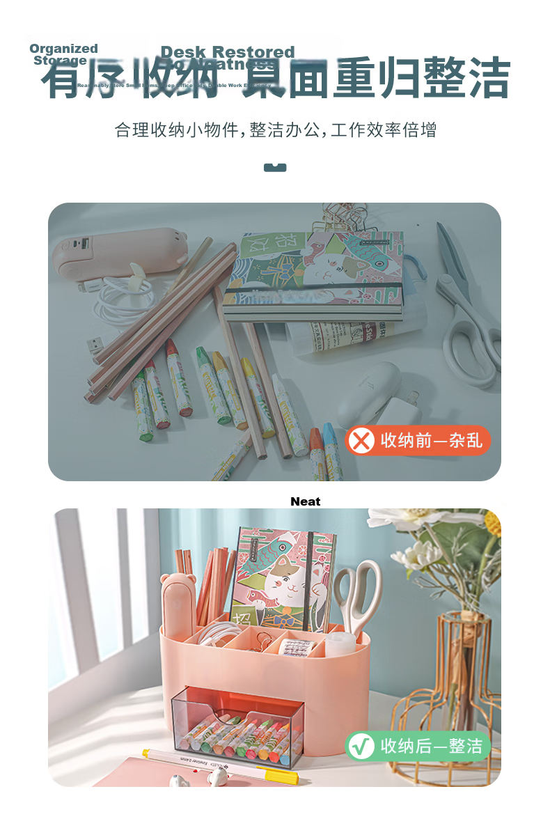Jindeli 5-Compartment Pen Holder Storage Box, Multifunctional High-Value Children's School Supplies, Office Desk Organizer, Dormitory Office Supplies Pen Container, Categorized Storage Box, Pink SN133 4