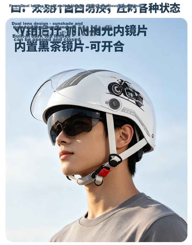 Yundianwei Electric Vehicle Helmet 3C Certified Unisex Four-Season Electric Scooter Safety Helmet Summer Breathable Large Sunroof Motorcycle Half Helmet [Dual Lens Bluetooth Tail Light Version] Glow W 12
