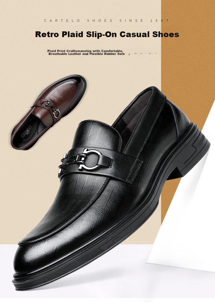 CARTELO Men's Loafers, Business Casual Leather Shoes, Plaid Breathable Slip-On Formal Leather Shoes for Men, 9902 Black, Size 39 1