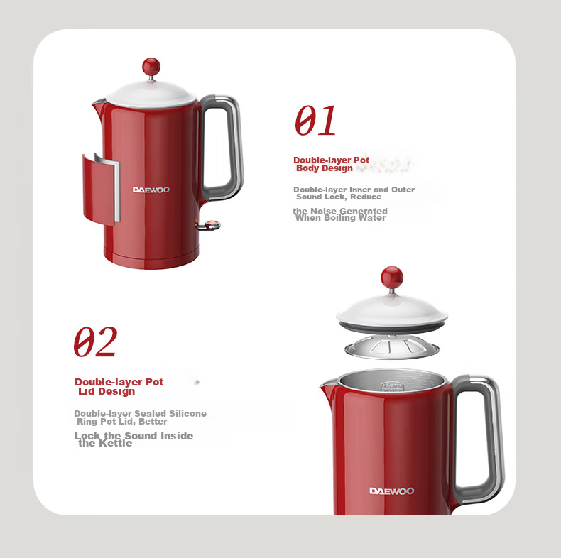 DAEWOO Retro Electric Kettle, Constant Temperature Water Kettle for Home Use, Hot Water Kettle, Insulated And Temperature-Controlled Milk Maker, Stainless Steel, 1.5L Large Capacity, Gift-Giving, EK01 Red Electronic Model 10