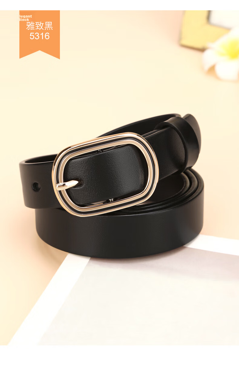 Cattlesboss Women's Belt, Top-Grain Leather, Round Buckle Decoration, Slim Waistband, Simple And Fashionable, Versatile, 5316, Black, 100cm 14