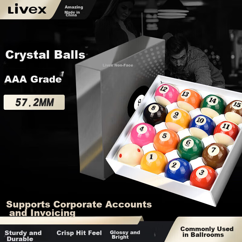 LIVEX Chinese Style Black 8 Standard 8A Crystal Billiard Ball American 16-Color Large 57.2MM Billiard Accessory