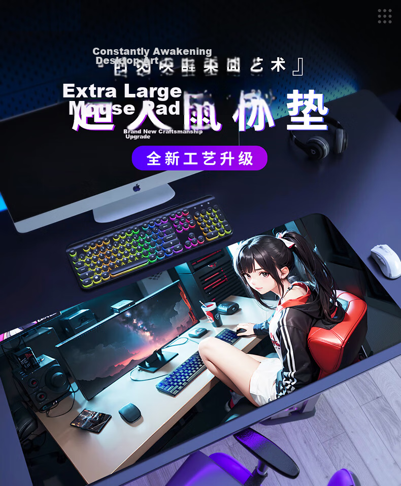 Juyingfeng Large Mouse Pad Desk Mat Laptop Keyboard Mat Computer Office Edge-Locked Cute Cartoon Gaming Edge-Wrapped Desk Mat 800x300x2mm Mecha Girl 1