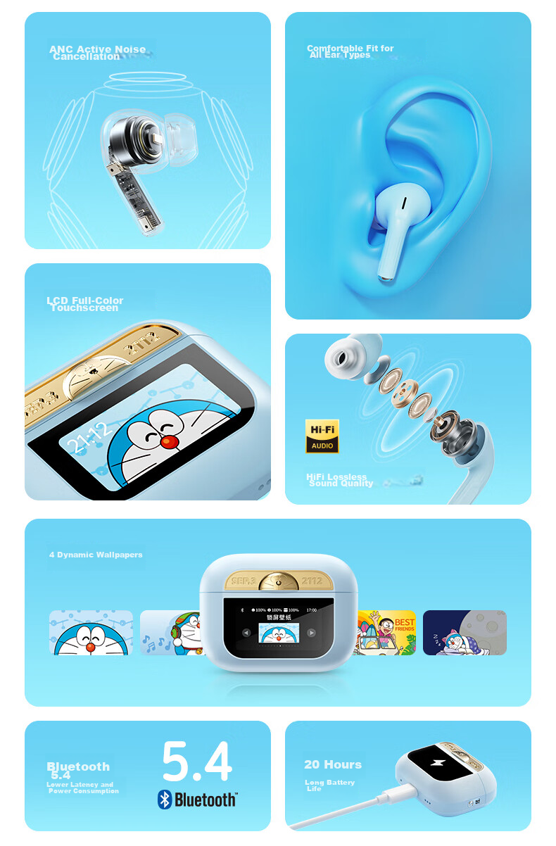 ROCK Doraemon Touchscreen Bluetooth In-Ear Earphones Soft Earplugs Noise Cancelling Call Long Battery Life Lossless Sound Sports Gaming Valentine's Day Gift for Men and Women 2