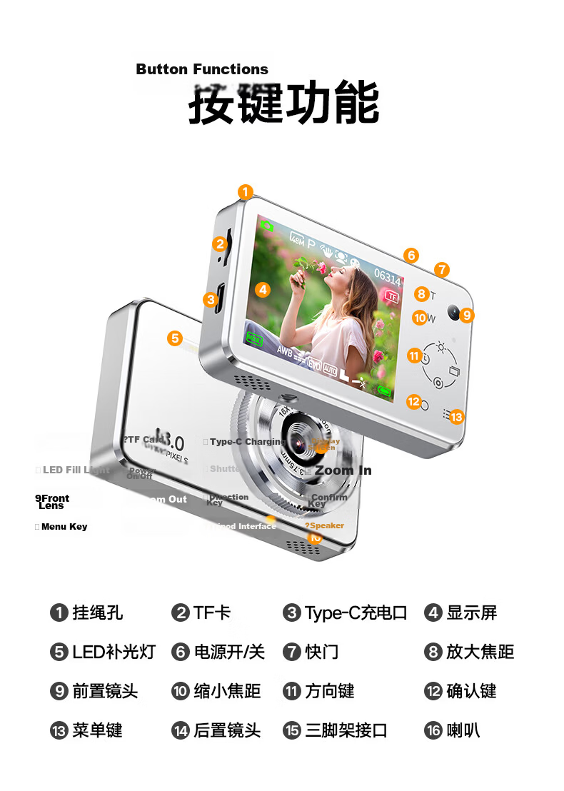 BENJIE U9 Student Digital Camera with Touchscreen, Card Slot, Metal Body, High-Definition Campus And Travel Alternative, Ccd, Dual Rear Cameras, 64GB, White 20