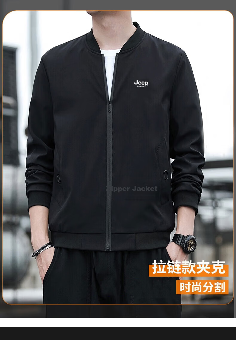 JEEP SPIRIT Men's Jacket, Spring And Autumn Baseball Jacket, Stand-Up Collar, Solid Color, Loose-Fitting Fashionable Outerwear, Black, 2XL 4