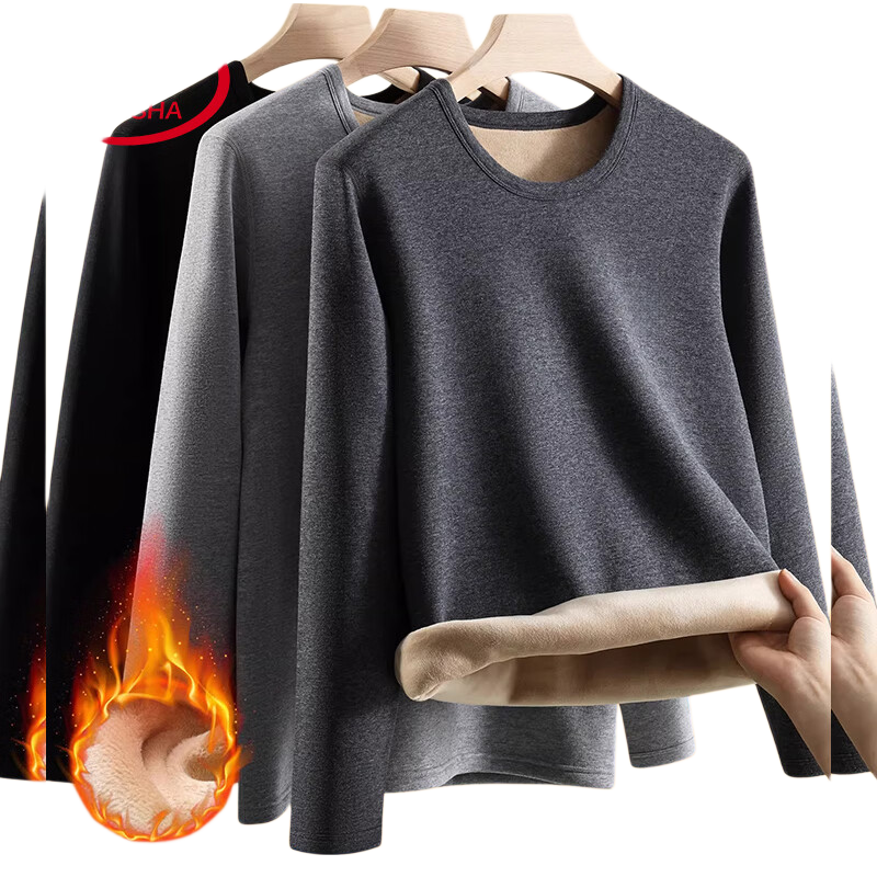 LangSha Men's Thermal Underwear Winter Fleece Thickened Cotton Base Layer Warm Crew Neck Gray XL