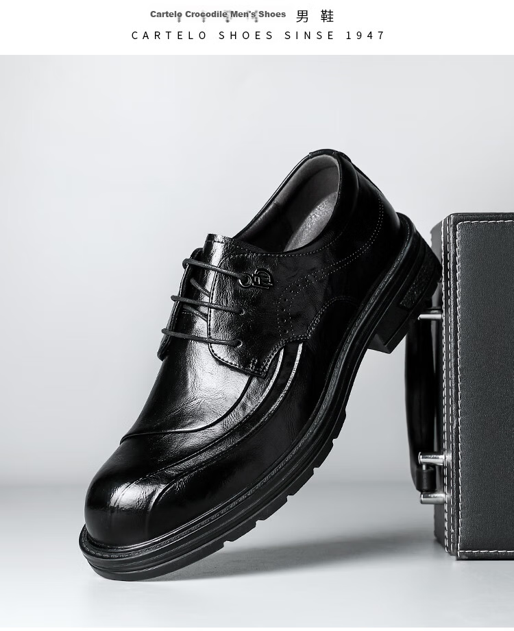 CARTELO British Men's Leather Shoes, Thick-Soled Height-Increasing Business Casual Shoes, Round Toe Soft Cowhide Shoes for Men, 9923 Black Height-Increasing Size 42 15