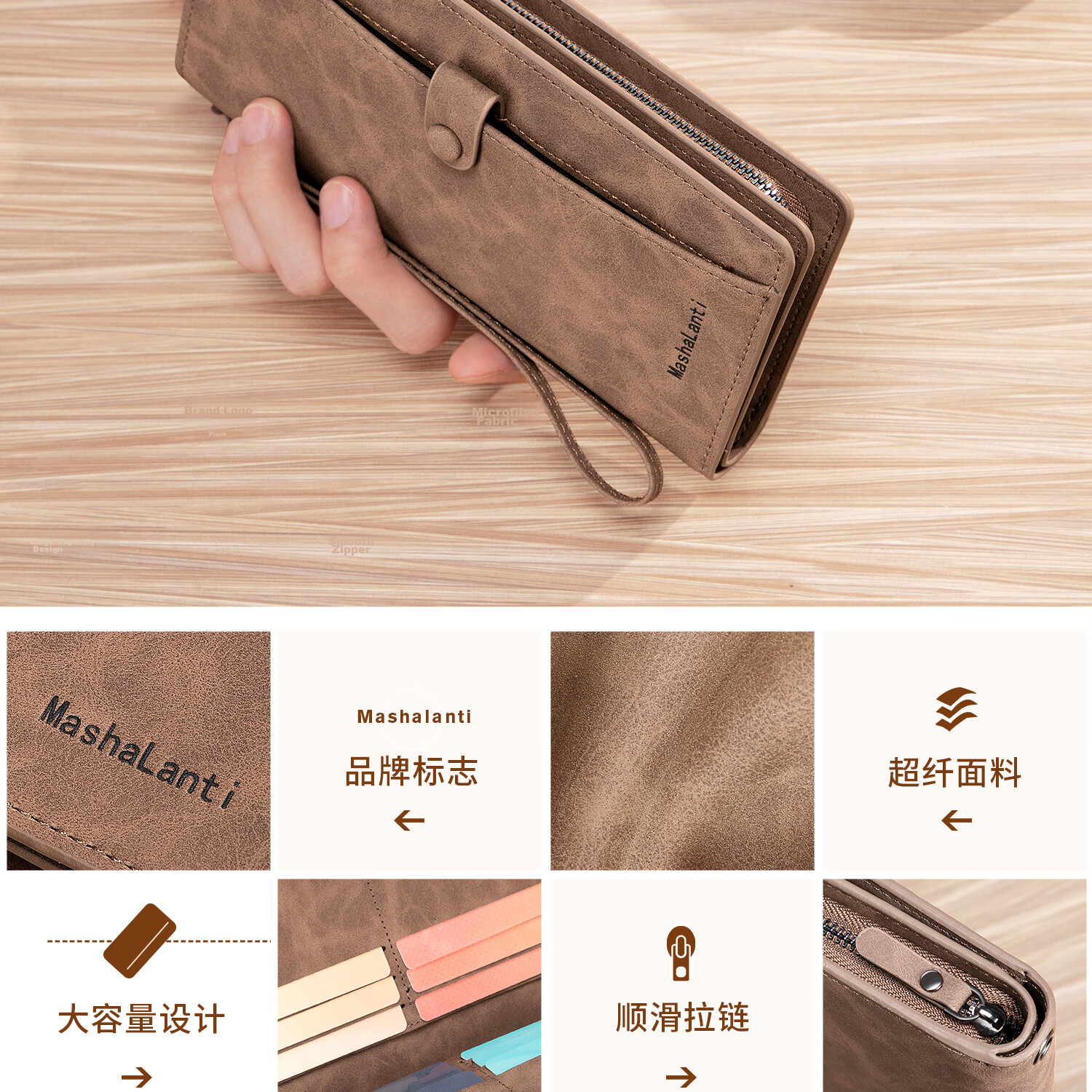 MashaLanti Men's Wallet, Large Capacity, Leather Billfold, Long Zipper Coin Purse, Multifunctional Clutch Card Holder, Business Document Wallet All-I 8