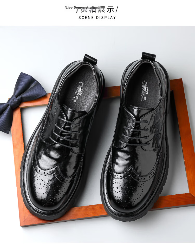 CARTELO British Men's Brogue Leather Shoes, Thick-Soled Heightening Business Casual Leather Shoes, Breathable Cowhide Shoes for Men, 9961 Black, Size 41 11