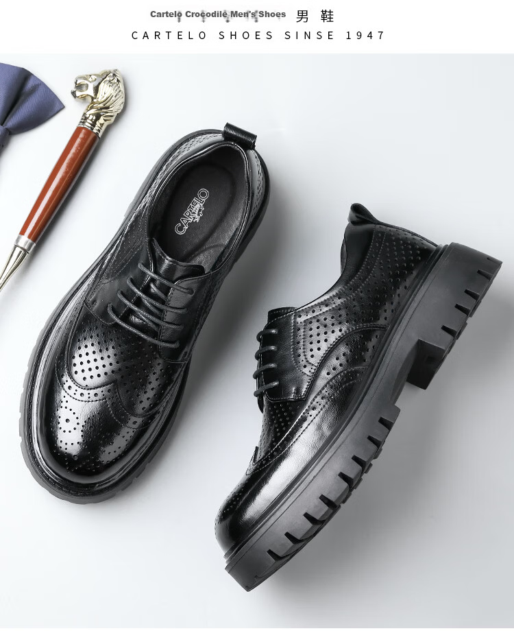 CARTELO British Men's Brogue Leather Shoes, Thick-Soled Heightening Business Casual Leather Shoes, Breathable Cowhide Shoes for Men, 9961 Black, Size 41 14