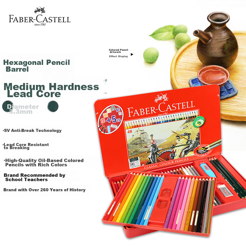 Faber-Castell Classic Knight Oil-Based Colored Pencils 48 Colors Hand Drawing Coloring Pens 115848 Red Metal Box Art Sketching Set