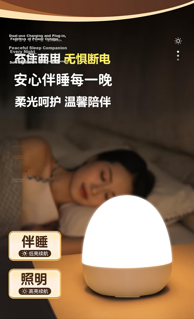 HP Bedside Baby Night Light Soft Glow Rechargeable Bedroom Sleep Lamp with Three-Level Color Temperature for Nighttime Baby Feeding 5