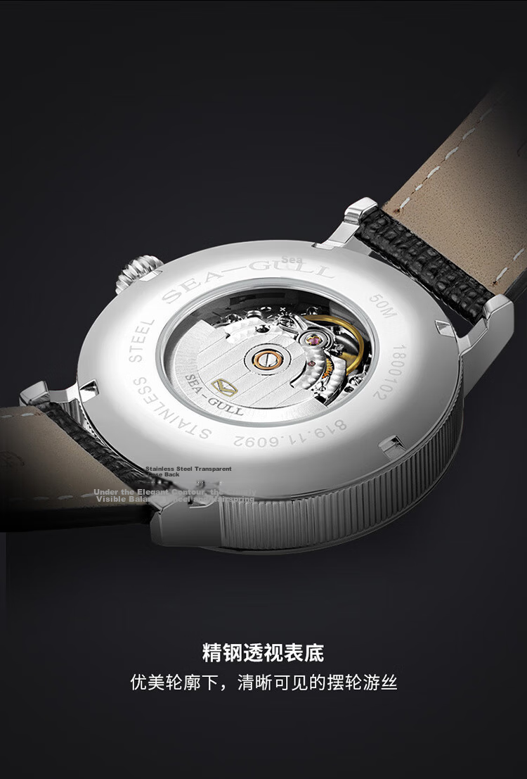 SEAGULL Men's Automatic Mechanical Watch Moon Phase Calendar Power Reserve 6092 Black Night Birthday Gift 21