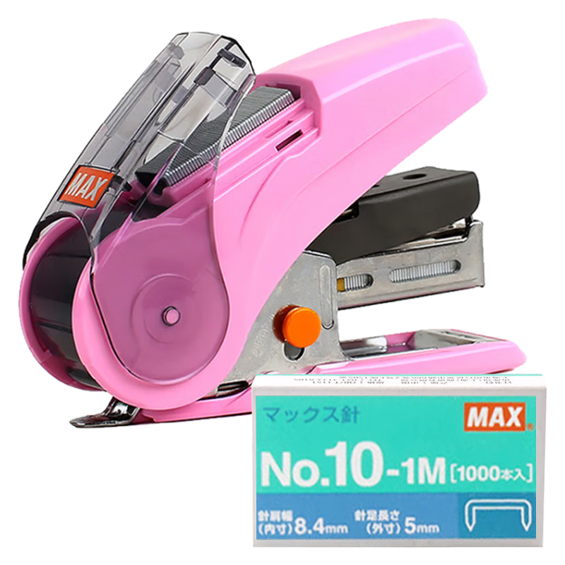 MAX Meikesi HD-10NLCK Mini Compact Effort-Saving Stapler Set (Stapler + Staples) for Students and Office Use, Staples 2-20 Pages, Pink