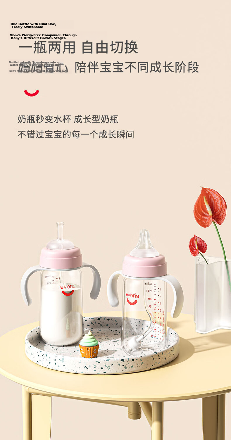 Evorie Baby Bottle Set, Wide-Neck Bottles for Babies over 6 Months Old, One Bottle with Three Functions, 300ml, Blue 7
