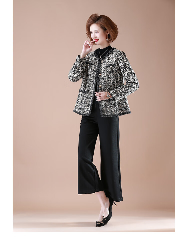 QianLian Mom's Spring Short Jacket, Middle-Aged Women's Chanel-Style Long-Sleeve Top, Middle-Aged And Elderly Spring And Autumn Casual Low-Heel Blazer 16