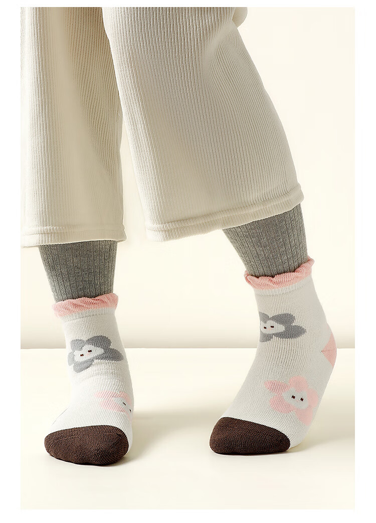 Bingxuemumian Children's Socks, Girls' Autumn And Winter Fleece-Lined Thick Terry Socks, Mid-Calf Cotton Socks, 5 Pairs, for Older Children, Students, Warm Short Socks 7