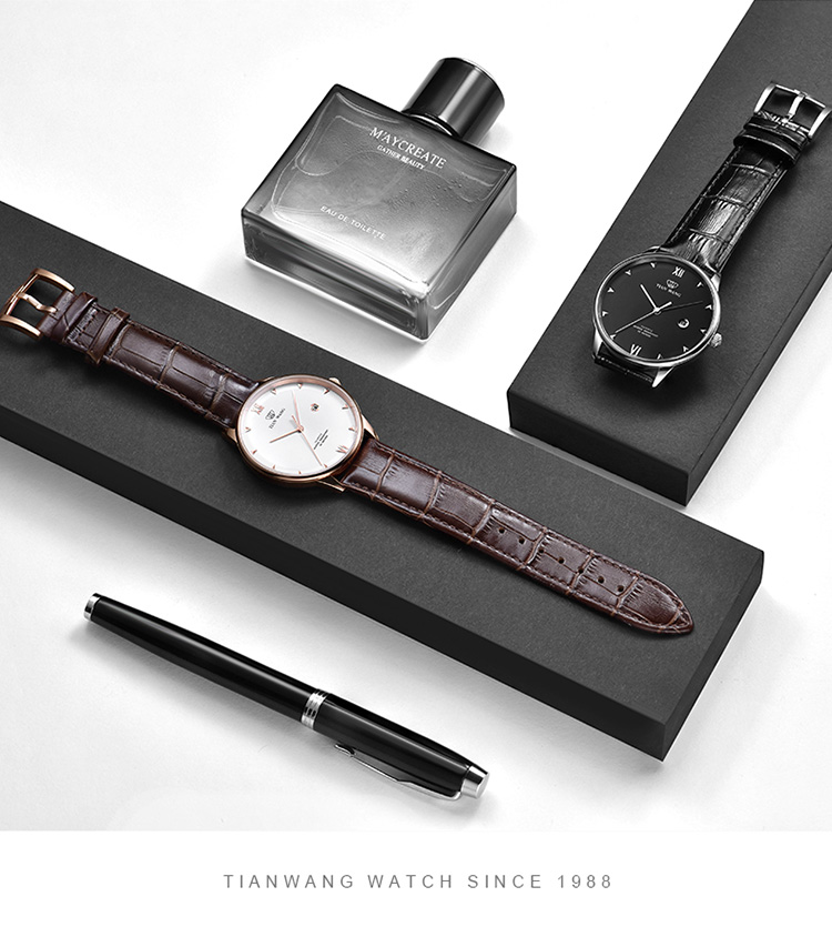 TIAN WANG Men's Watch, Birthday Gift Leather Strap Quartz Men's Watch Rose Gold GS31132P.D.LC.W 9