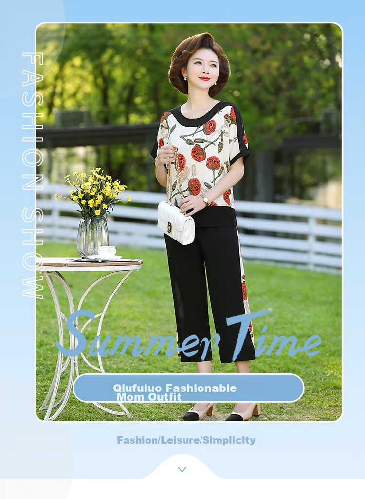 QIUFULUO Mom's Summer Loose Stylish Outfit Set, Middle-Aged And Elderly Women's High-End Clothing for Ages 50-80, Breathable Casual Wear 1