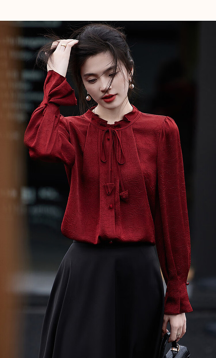 Dme [Ankeala Red] Elegant Office Blouse for Spring And Autumn, Wrinkled Shiny Ruffle Puff Sleeve Shirt Women's Top 21