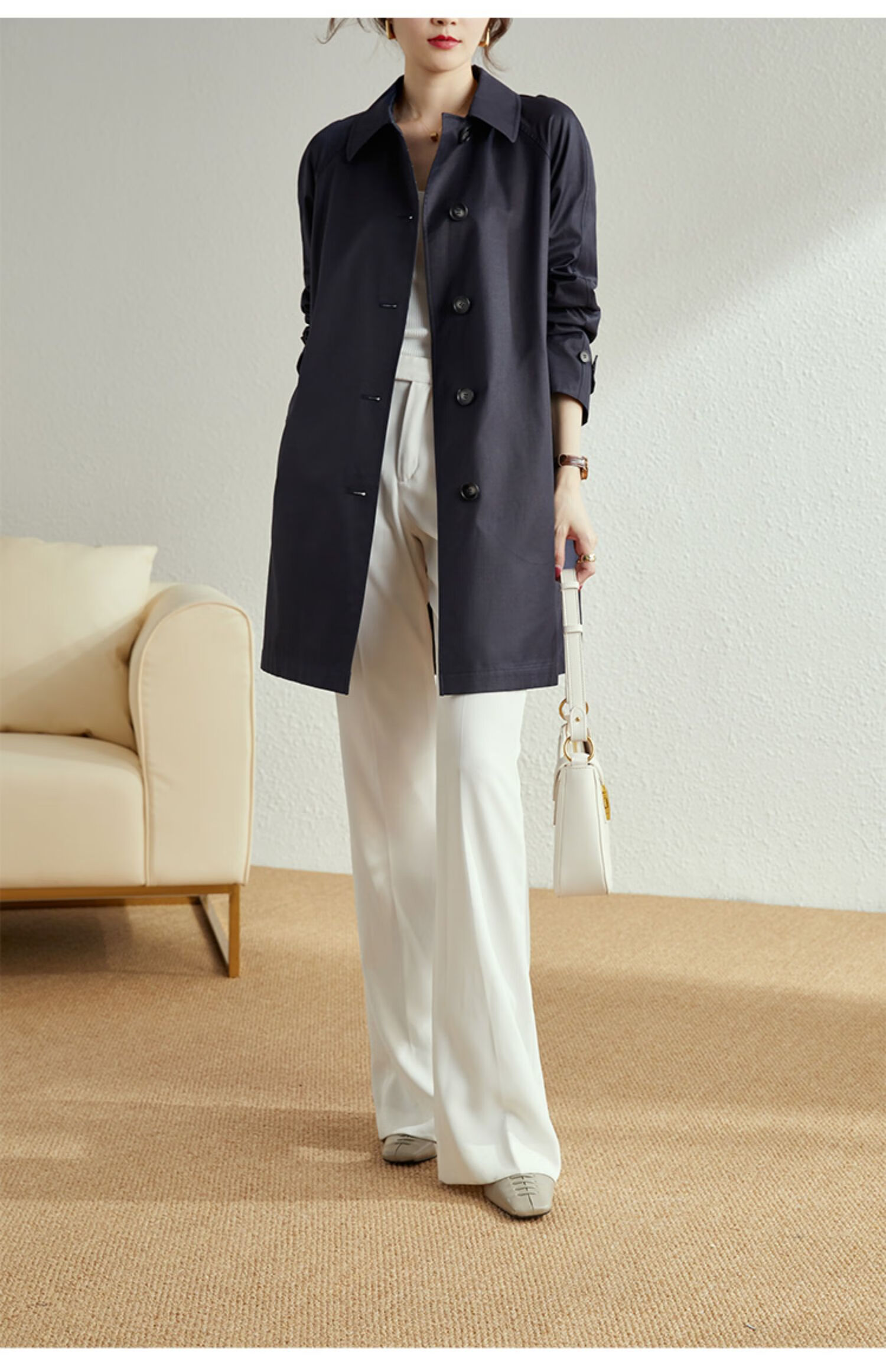 AOTUN British Style Women's Mid-Length Trench Coat Korean Version Slim Straight Jacket AT2359 Navy XXL 22