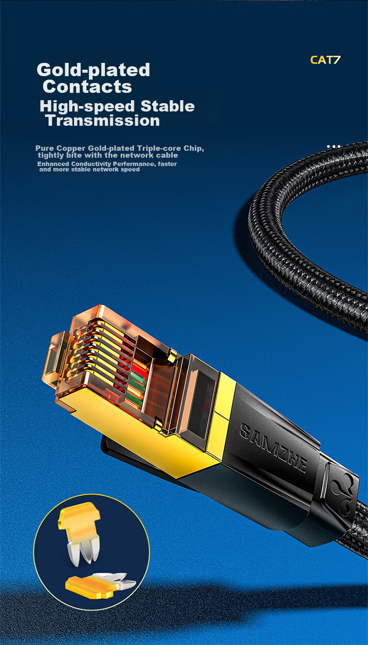 SAMZHE Cat7 Ethernet Cable, 10 Gigabit Double-Shielded Connection Cable, Category 7 Twisted Pair Computer Gaming E-Sports 8-Core Surveillance Pure Copper Double-Braided Network Patch Cable 1.5 Meters RJ7015M 12