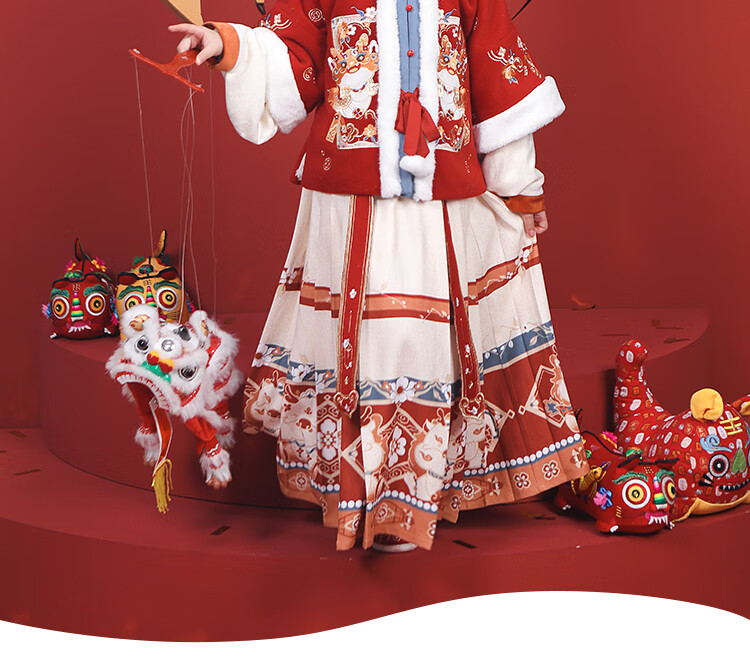 Qibo Girls' New Year Outfit, Winter Hanfu for Children, 2026 New Style Ming Dynasty Horse-Face Skirt, New Year Greeting Costume, Little God of Wealth, Size 150 3