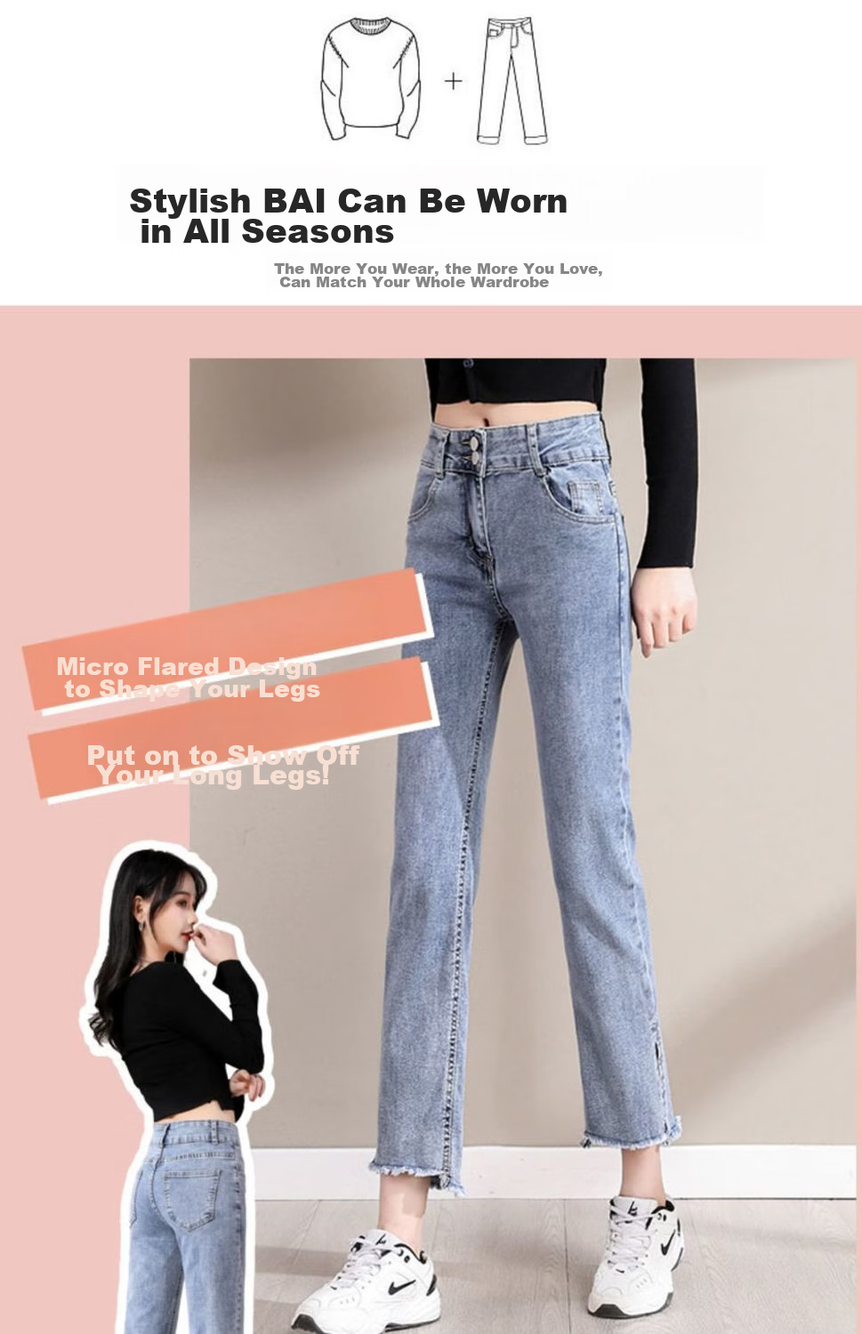 Pierre Cardin [High-Waisted Stretch] Women's Jeans, Autumn Season, Draping Effect, Side Slit, Ankle-Length Cigarette Pants, Light Blue, XL 6