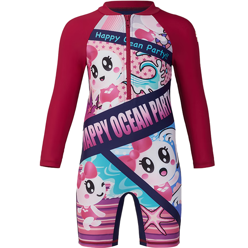 Arena Children's One-Piece Swimsuit with Long Sleeves And Shorts, Sun Protection, for Boys And Girls, Chlorine-Resistant, Quick-Drying Training Swimwear KMF5006 Pink 120