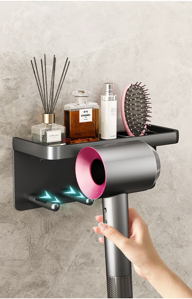 MUYA Hair Dryer Holder, No Drilling Required, Bathroom Aluminum Alloy Bracket with Hooks, for Dyson And Other Electric Hair Dryers 2