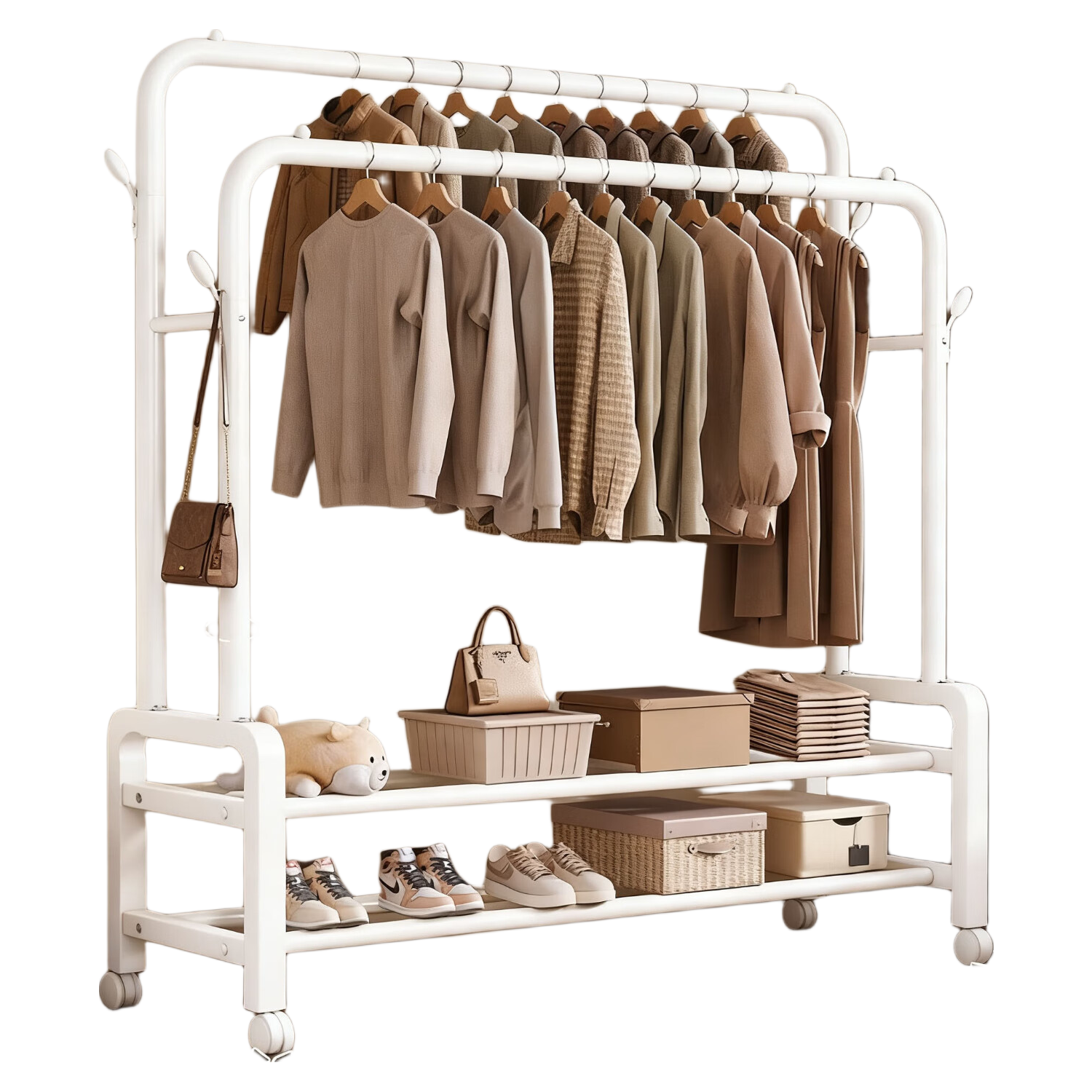 Xiangzhubian Floor Standing Coat Rack Double Bar Double Layer Clothes Hanger Bedroom Living Room Drying Rack Simple Storage