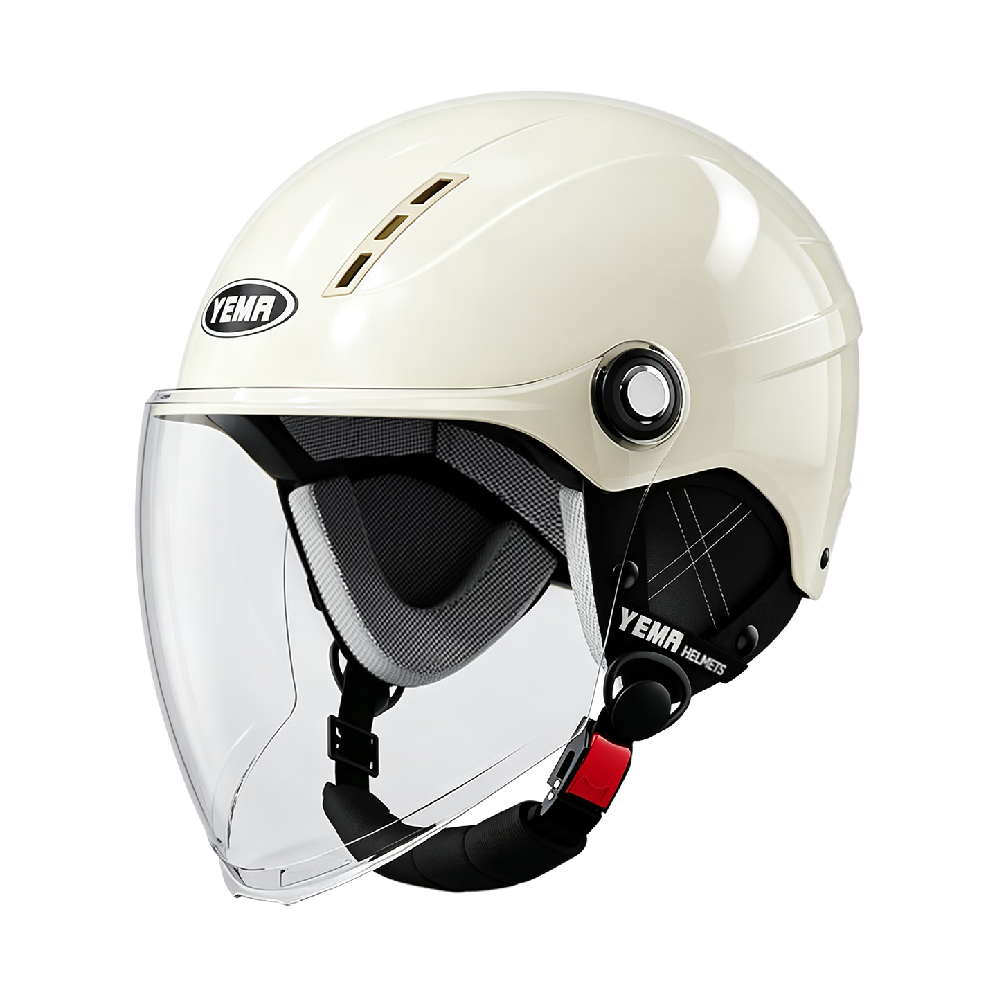 YEMA 3C Certified 359S Electric Motorcycle Helmet, Lightweight Summer Half Helmet for Men And Women, Scooter Safety Helmet, All-Season Use, Khaki White with Clear Long Visor