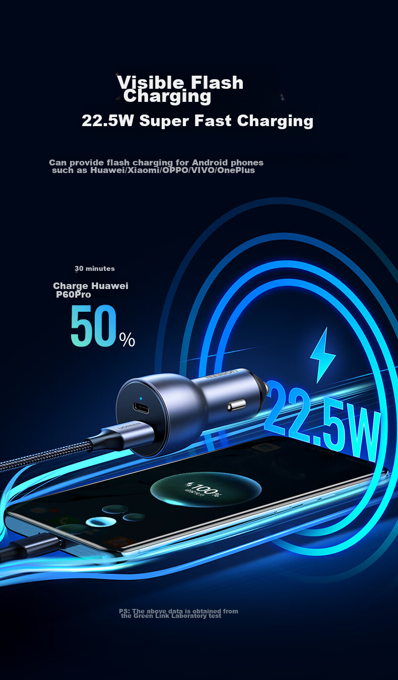 UGREEN Car Charger Super Fast Charging Dual Port 60W Cigarette Lighter Charger Adapter Plug One-To PD30W Compatible with Apple 18 Pro Max, Huawei, Xiaomi 12