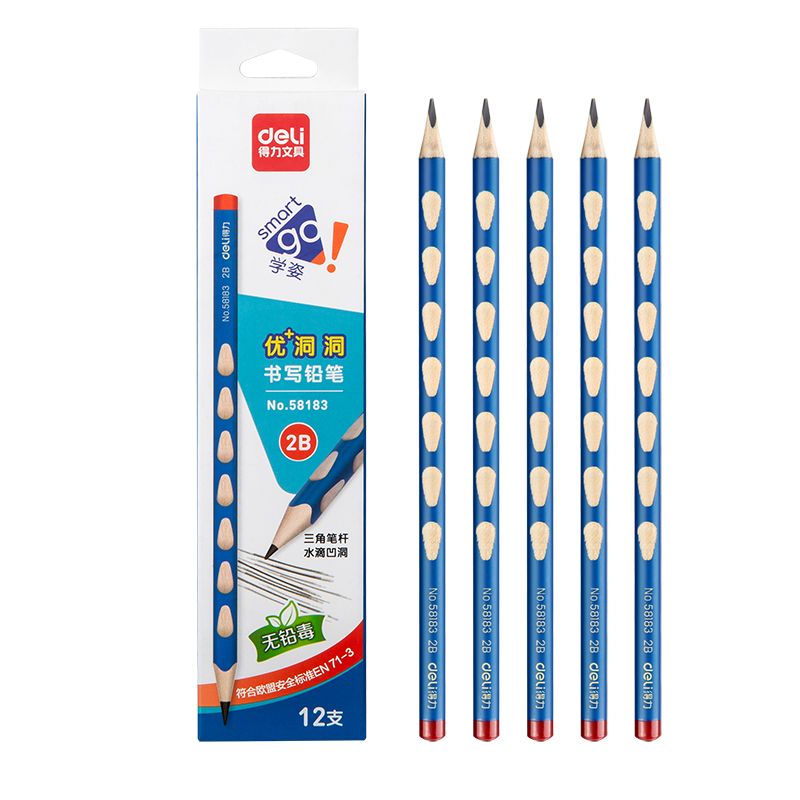 Deli Perforated Pencils, 12 Pieces, 2B Lead, Triangular Shaft, Easy Grip, Children's Posture-Correcting Pencils, Student Writing Practice Pencils, 58183 School Supplies for Students